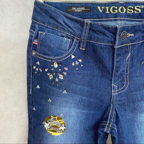Vigoss The Jagger Stretch Demin Rhinestone Dark Blue Jeans Girls Size 14 - Picture 6 of 12